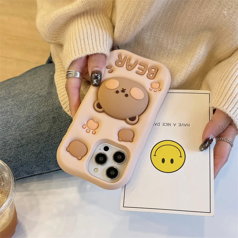 3D Cute Cartoon Bear Telescopic Bracket Phone Case For iPhone