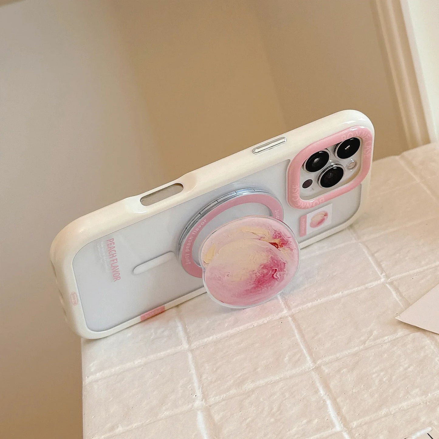 Korean Cute Peach Holder Magsafe Magnetic Clear Phone Case For iPhone