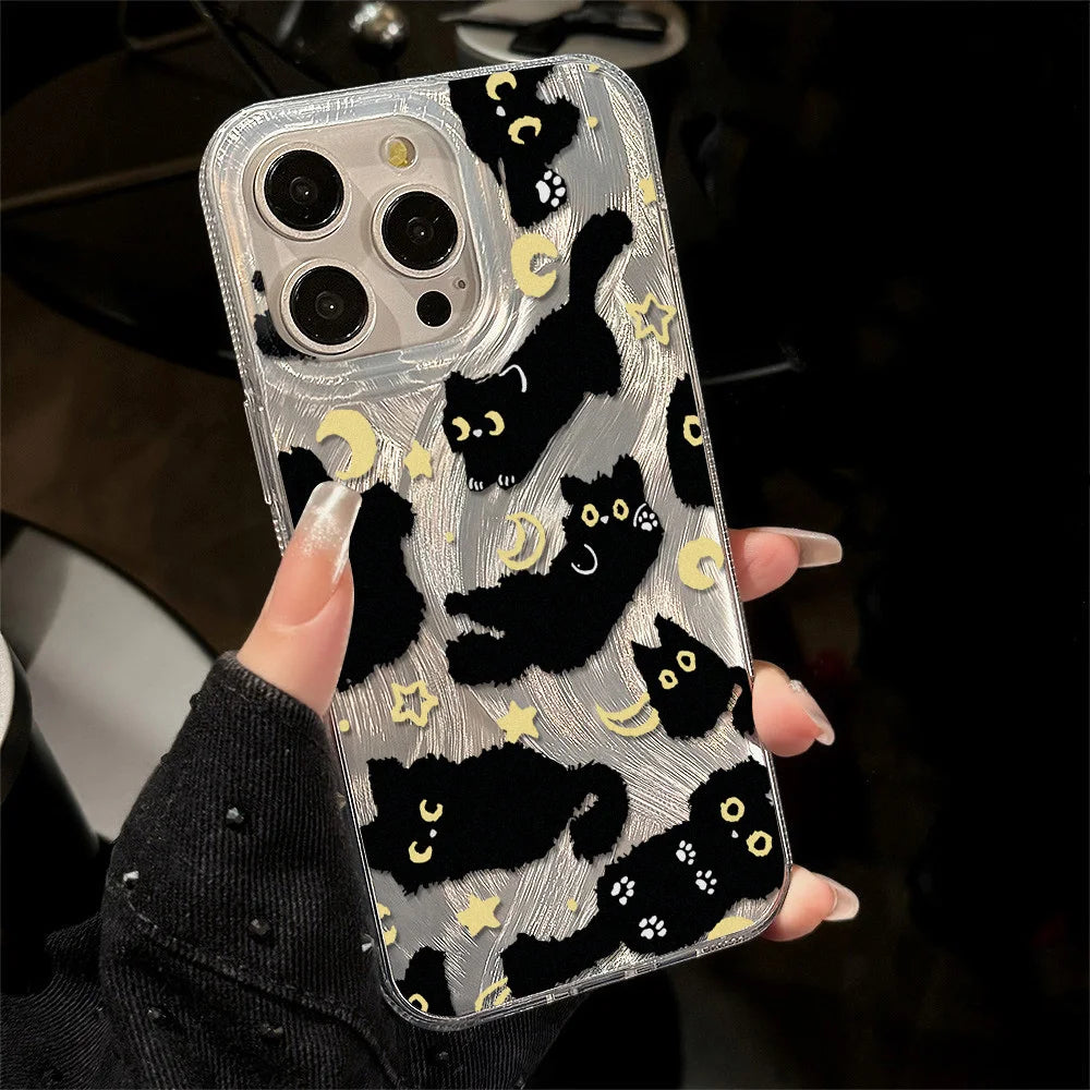 Laser Silver Black Cat iPhone Case With Feather-Texture Protection