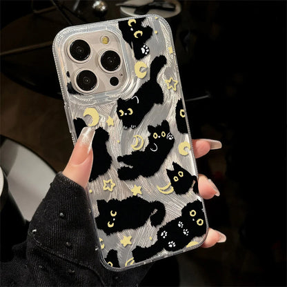Laser Silver Black Cat iPhone Case With Feather-Texture Protection