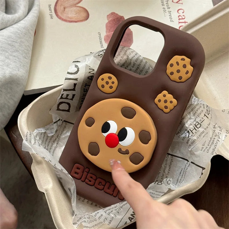 3D Cute Cartoon Chocolate Cookies Bracket Soft Silicone Phone Case For iPhone