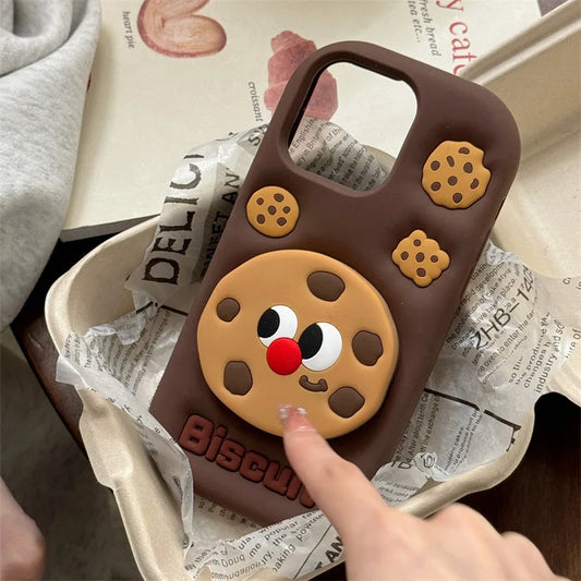 3D Cute Cartoon Chocolate Cookies Bracket Soft Silicone Phone Case For iPhone