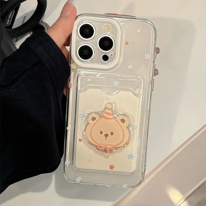 Korean Cute Cartoon Bear Card Wallet Phone Case With Bracket For iPhone