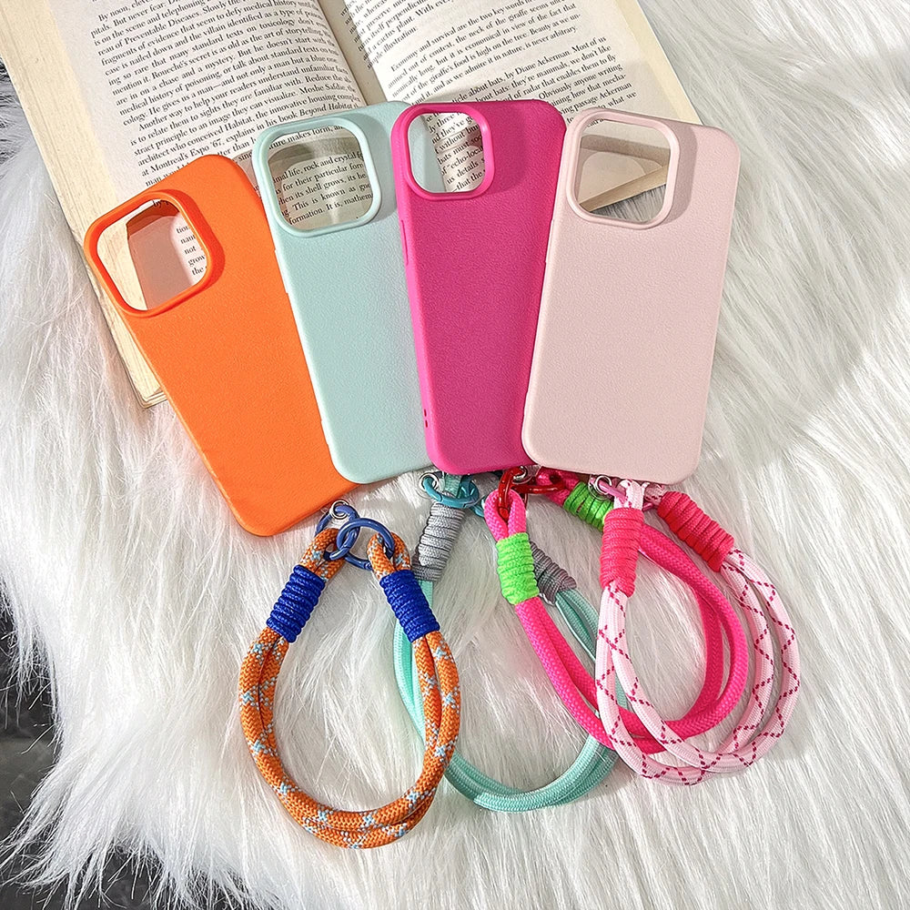 Cute Candy Leather Texture With Wrist Strap Case For iPhone Solid Color Soft Cover
