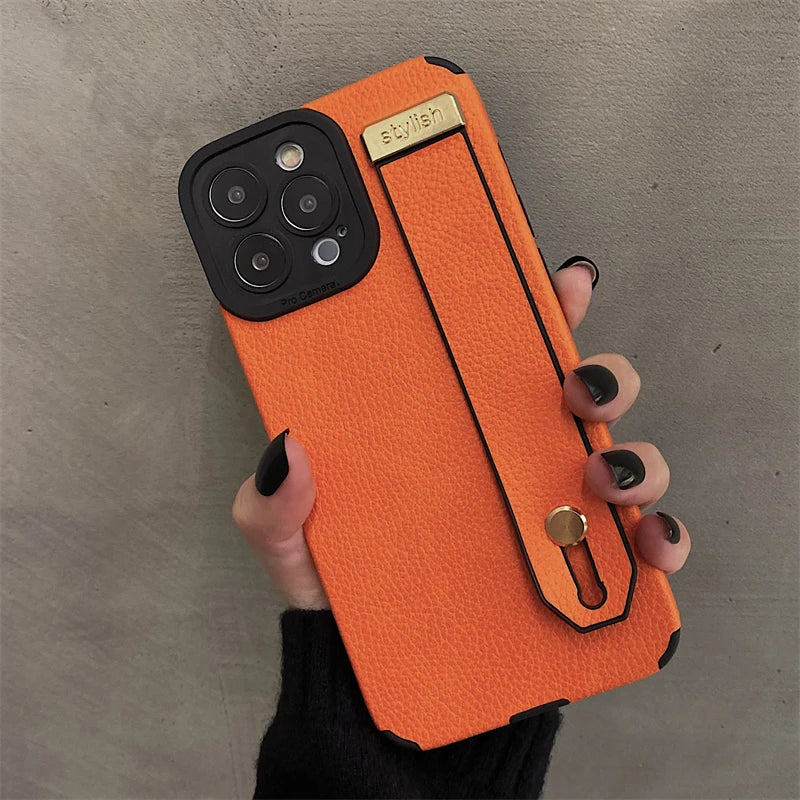 Luxury Wrist Strap Holder Leather Texture Case For iPhone