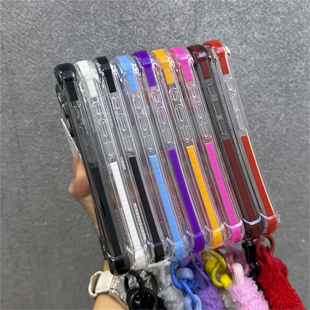 Hybrid Bumper Armor Transparent With Wrist Strap Case For iPhone Shockproof Air Bag Cover