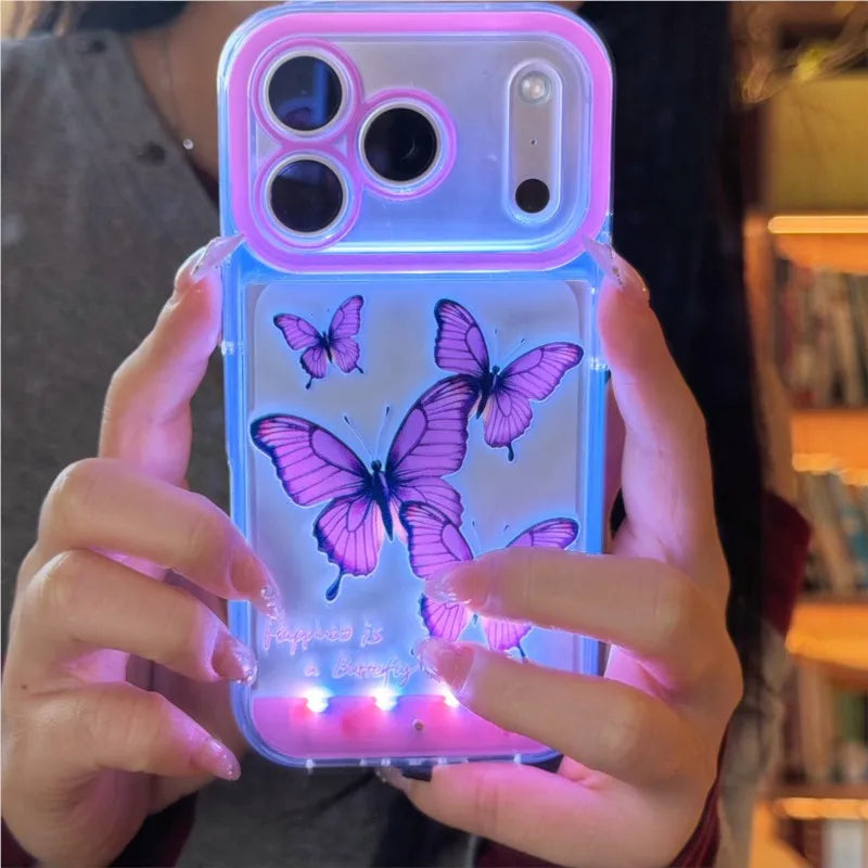 Change Color Luminous Call Light Up Purple Butterfly Pattern Phone Case For iPhone